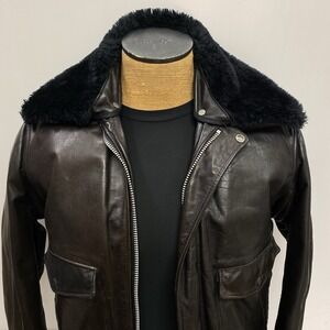 Vtg Schott NYC Brown Leather Bomber Flight Jacket Sz 40 Black Fleece Collar USA